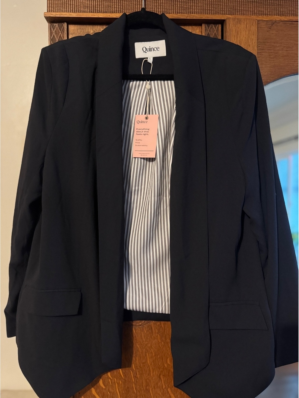NWT Quince Black Open-Front Lightweight Blazer with Pinstripe Lining Size Large